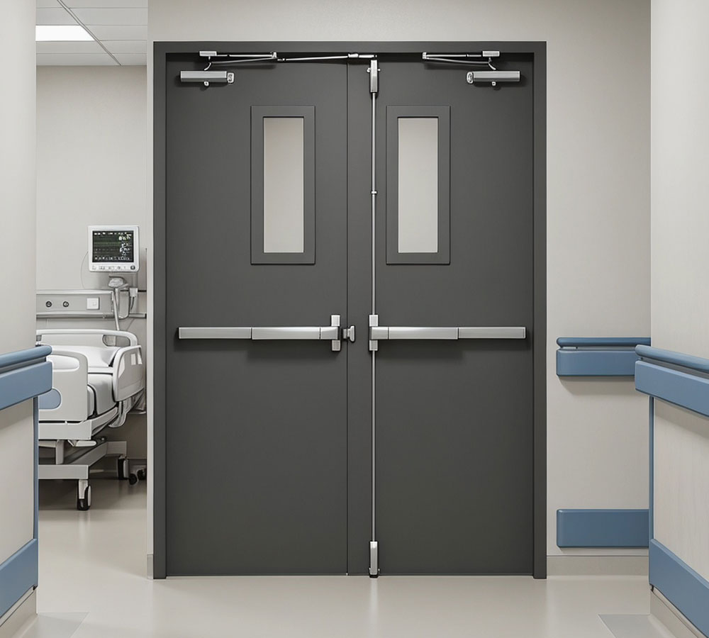 Healthcare exit doors for hygiene and accessibility