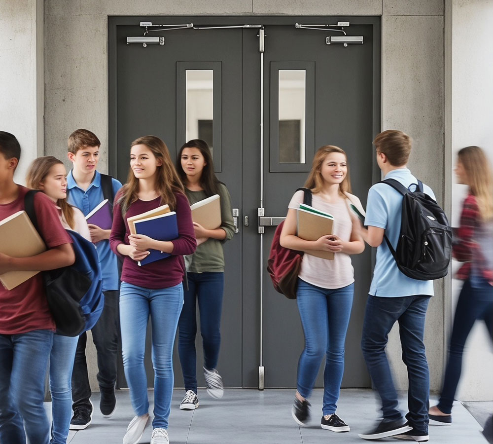 Double exit doors for high-traffic environments